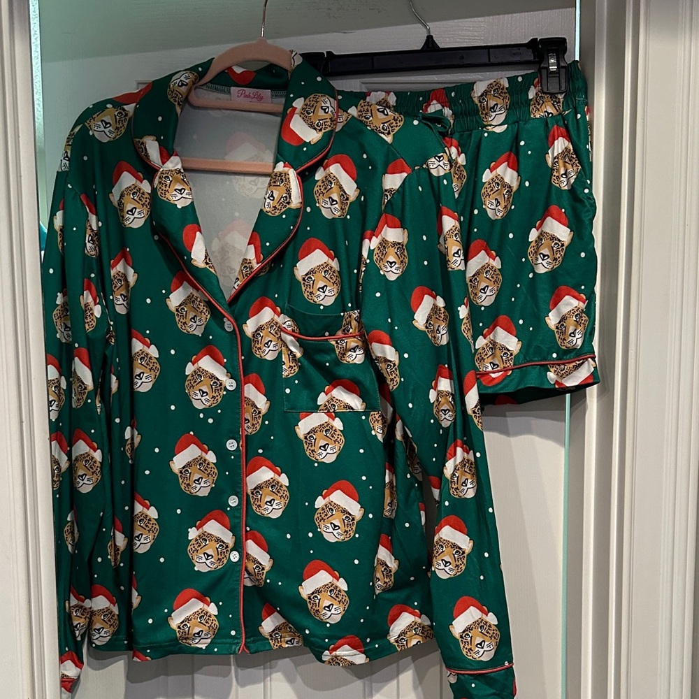 Pink Lily small Cheetah green pajama set. Like new